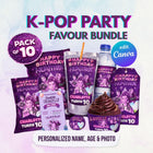 kpop birthday party canva templates huntrix demon hunters, kpop party favor chip bag topper label templates, editable birthday party kpop theme canva bundle, demon hunters party decorations canva templates