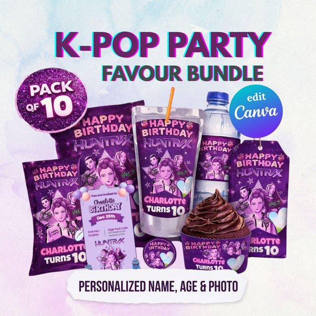 kpop birthday party canva templates huntrix demon hunters, kpop party favor chip bag topper label templates, editable birthday party kpop theme canva bundle, demon hunters party decorations canva templates