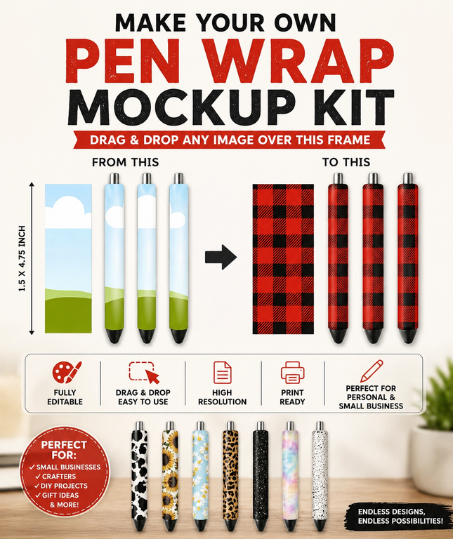 Pen wrap, pen mockup make your own design pen wrap Easy Drag and Drop 1.5"x4.75", Editable Canva Frame Template, Digital Epoxy Pen Mockup