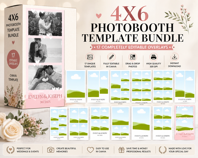Wedding Photo Booth Template Bundle: Editable 4x6 Canva Frames