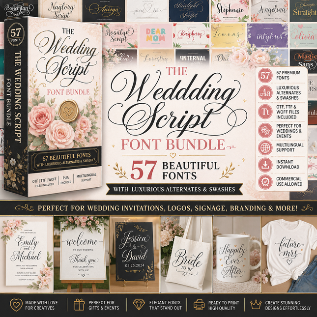Wedding Script Font Bundle – 57 Elegant Fonts with Swashes