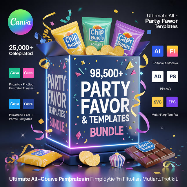 98500+ Party Favor Templates Bundle , Water Bottle Labels, Chip Bag Template, party favors, Chocolate Bar, Capri Sun Labels, Nutrition Facts