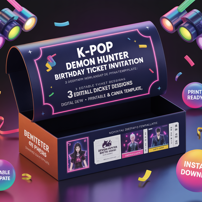 K-Pop Demon Hunter Birthday Invitation | 3 Editable Ticket Designs