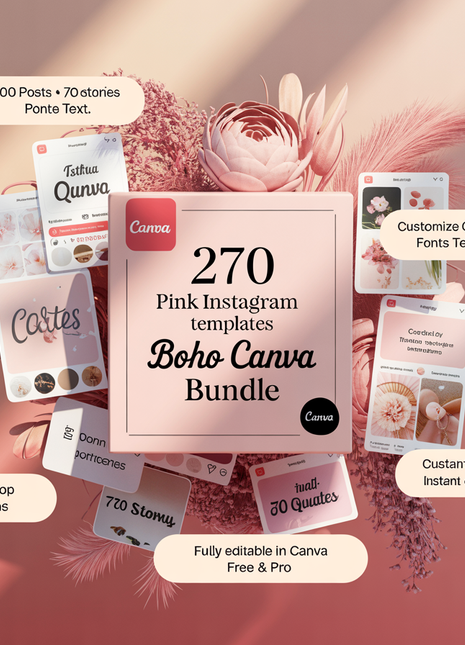 270 Pink Instagram Templates | Pink Social Media Templates| Boho Canva Templates | Instagram Post and story Templates | Engagement templates