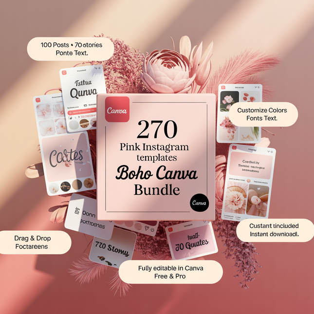 270 Pink Instagram Templates | Pink Social Media Templates| Boho Canva Templates | Instagram Post and story Templates | Engagement templates