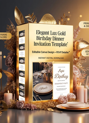 Elegant Lux Gold Birthday Dinner Invitation – Editable Canva Template