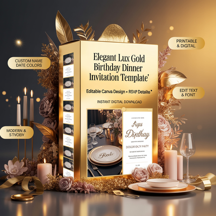 Elegant Lux Gold Birthday Dinner Invitation – Editable Canva Template
