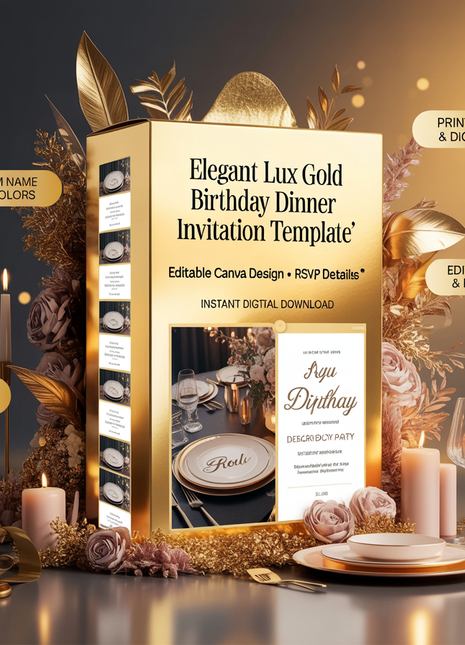 Elegant Lux Gold Birthday Dinner Invitation – Editable Canva Template