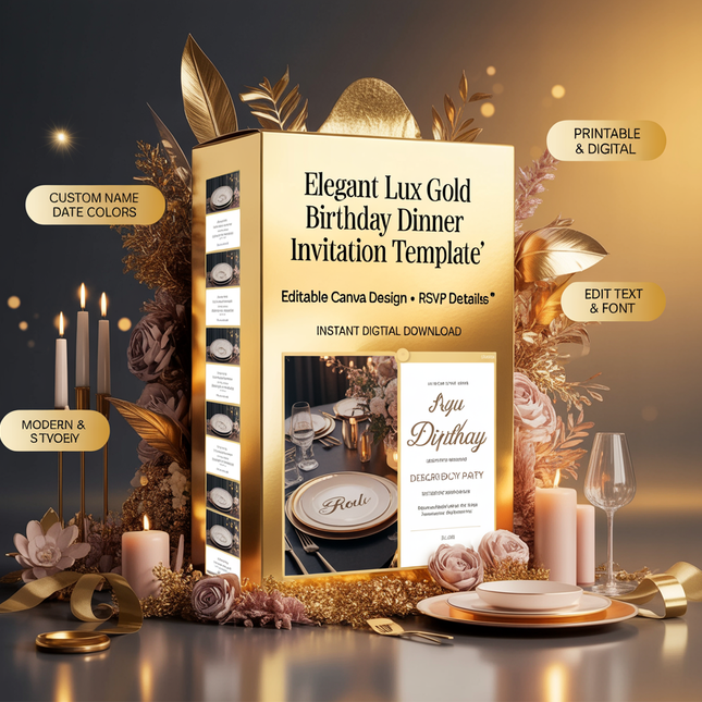 Elegant Lux Gold Birthday Dinner Invitation – Editable Canva Template