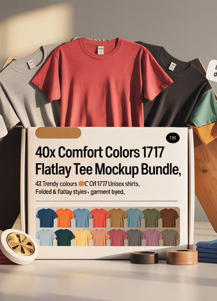40X Comfort Colors 1717 Flatlay T-shirt Mockup Bundle, C1717 Flatlay Mockup Bundle, Folded Tee Mockup, Garment dyed Unisex t-shirt Mockup.