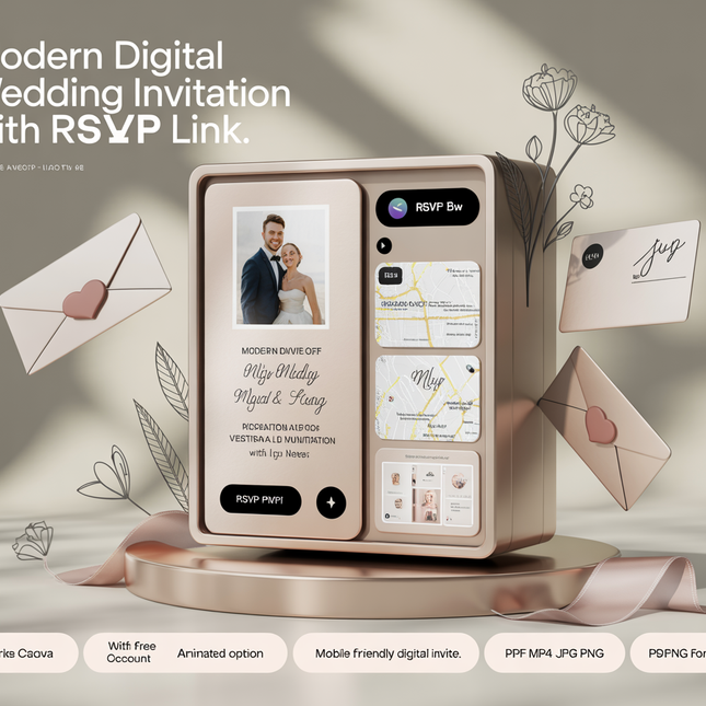Modern Digital Wedding Invitation with RSVP Link – Editable Canva Template