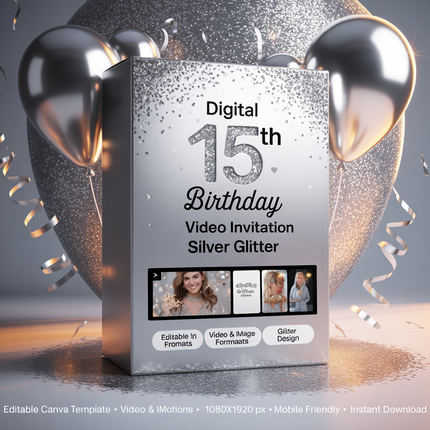 Digital 15th Birthday Video Invitation – Silver Glitter | Editable Canva Template