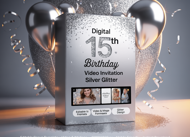 Digital 15th Birthday Video Invitation – Silver Glitter | Editable Canva Template