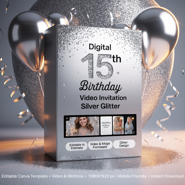 Digital 15th Birthday Video Invitation – Silver Glitter | Editable Canva Template