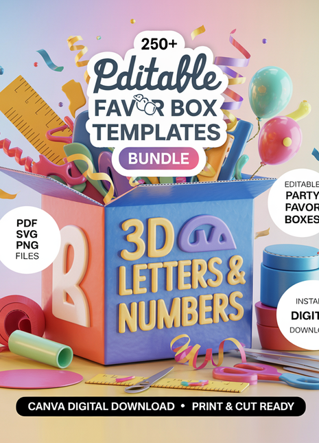 250+ Editable Party Favor Box Templates Bundle: 3D Letters & Numbers (Canva Digital Download)