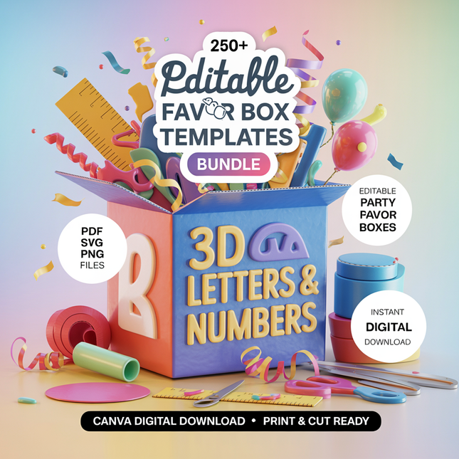 250+ Editable Party Favor Box Templates Bundle: 3D Letters & Numbers (Canva Digital Download)