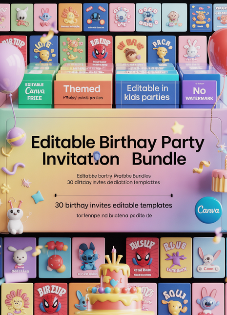 Editable Birthday Party Invitation Bundle, Birthday Invitation Templates, Party Bundle Birthday Bundle, Digital Editable Canva Template Kids