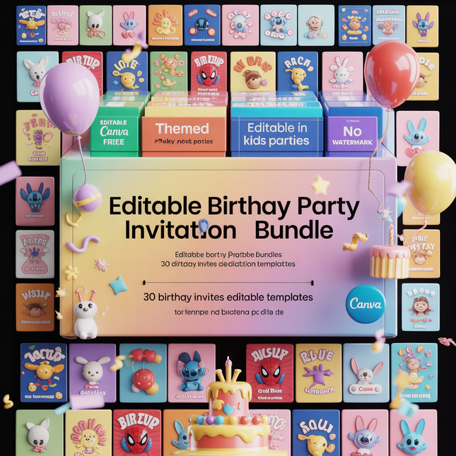 Editable Birthday Party Invitation Bundle, Birthday Invitation Templates, Party Bundle Birthday Bundle, Digital Editable Canva Template Kids