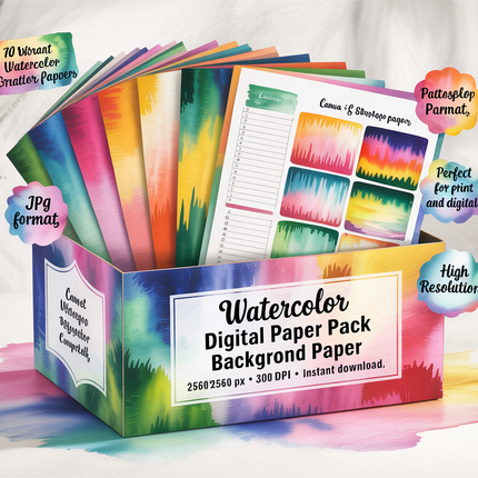 Watercolor Digital Paper Pack, Ombre Background Bundle, Colorful Scrapbook Papers, Watercolor Junk Journal, Gradient, Rainbow Background
