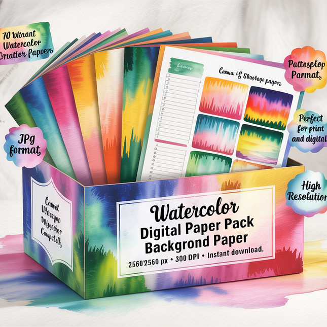 Watercolor Digital Paper Pack, Ombre Background Bundle, Colorful Scrapbook Papers, Watercolor Junk Journal, Gradient, Rainbow Background