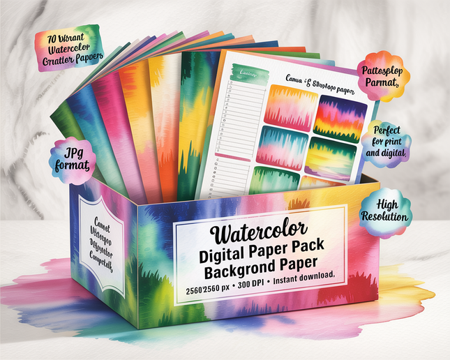Watercolor Digital Paper Pack, Ombre Background Bundle, Colorful Scrapbook Papers, Watercolor Junk Journal, Gradient, Rainbow Background