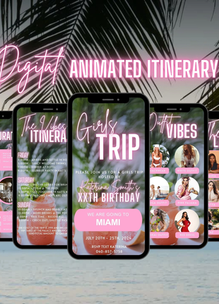 Digital Girls Trip Itinerary Invitation – Animated Birthday Weekend Travel Schedule