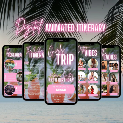 Digital Girls Trip Itinerary Invitation – Animated Birthday Weekend Travel Schedule