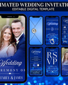 Digital Animated Wedding Invitation Template, Digital Invitation Editable, Canva Template, White, Blue Theme, luxury invite Template