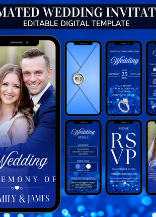 Digital Animated Wedding Invitation Template, Digital Invitation Editable, Canva Template, White, Blue Theme, luxury invite Template