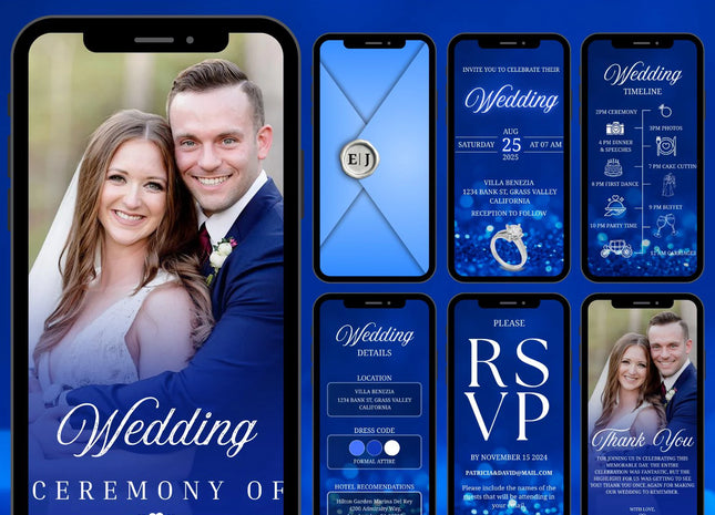 Digital Animated Wedding Invitation Template, Digital Invitation Editable, Canva Template, White, Blue Theme, luxury invite Template
