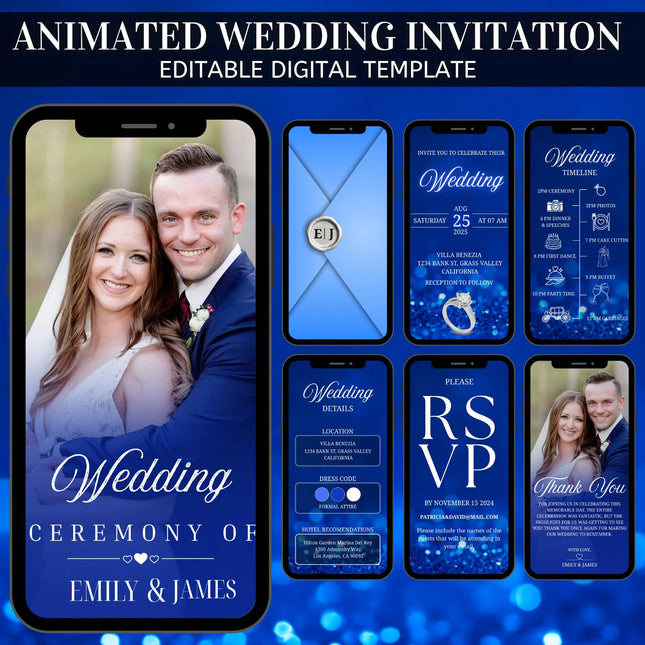 Digital Animated Wedding Invitation Template, Digital Invitation Editable, Canva Template, White, Blue Theme, luxury invite Template