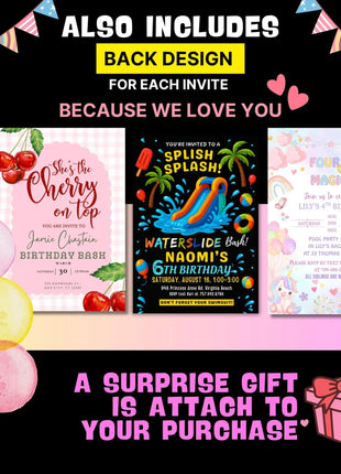 Editable Birthday Party Invitation Bundle, Birthday Invitation Templates, Party Bundle Birthday Bundle, Digital Editable Canva Template Kids