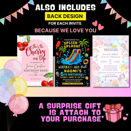 Editable Birthday Party Invitation Bundle, Birthday Invitation Templates, Party Bundle Birthday Bundle, Digital Editable Canva Template Kids
