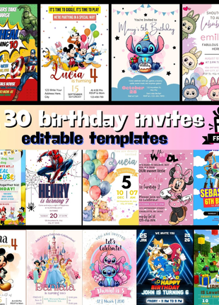 Editable Birthday Party Invitation Bundle, Birthday Invitation Templates, Party Bundle Birthday Bundle, Digital Editable Canva Template Kids