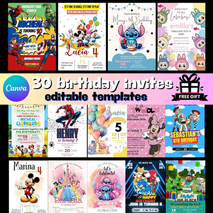 Editable Birthday Party Invitation Bundle, Birthday Invitation Templates, Party Bundle Birthday Bundle, Digital Editable Canva Template Kids