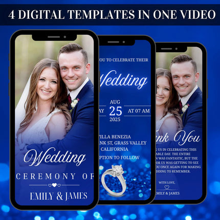Digital Animated Wedding Invitation Template, Digital Invitation Editable, Canva Template, White, Blue Theme, luxury invite Template