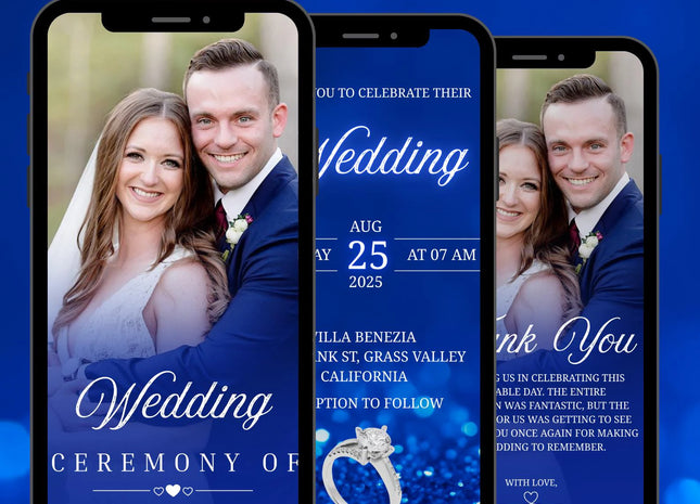 Digital Animated Wedding Invitation Template, Digital Invitation Editable, Canva Template, White, Blue Theme, luxury invite Template