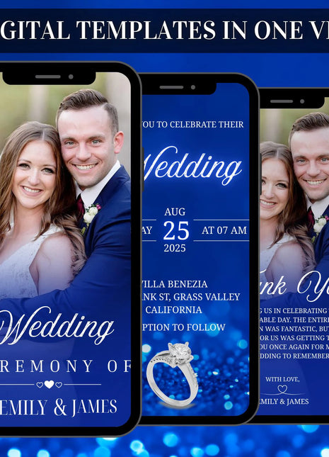 Digital Animated Wedding Invitation Template, Digital Invitation Editable, Canva Template, White, Blue Theme, luxury invite Template