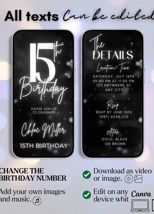 Digital 15th Birthday Video Invitation – Silver Glitter | Editable Canva Template