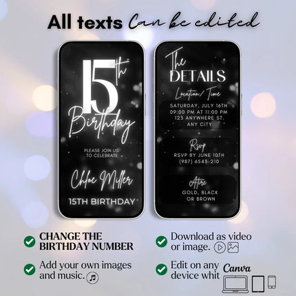 Digital 15th Birthday Video Invitation – Silver Glitter | Editable Canva Template