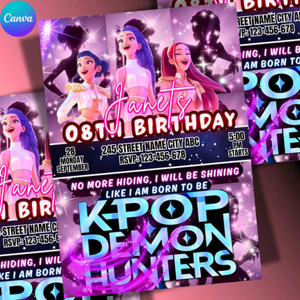 KPOP Demon Hunters Birthday invitation | Kpop Anime Invite | Birthday Card for Kids | EDITABLE K Pop Birthday Invitation | Unique Design