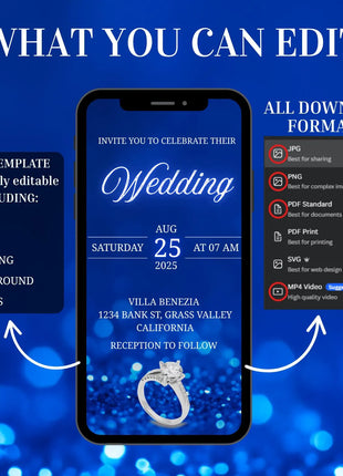 Digital Animated Wedding Invitation Template, Digital Invitation Editable, Canva Template, White, Blue Theme, luxury invite Template