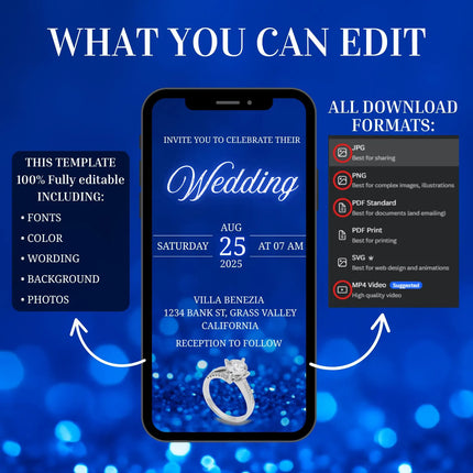 Digital Animated Wedding Invitation Template, Digital Invitation Editable, Canva Template, White, Blue Theme, luxury invite Template