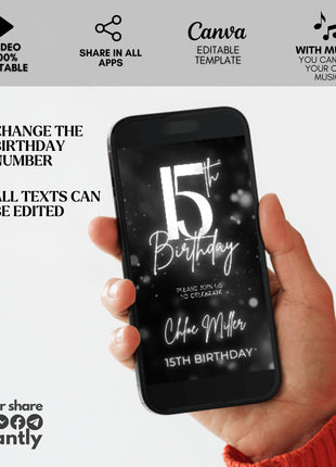 Digital 15th Birthday Video Invitation – Silver Glitter | Editable Canva Template