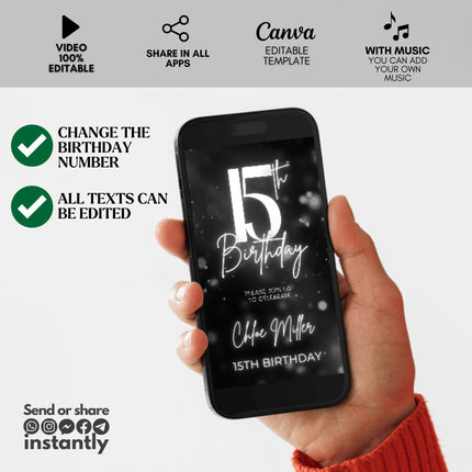 Digital 15th Birthday Video Invitation – Silver Glitter | Editable Canva Template