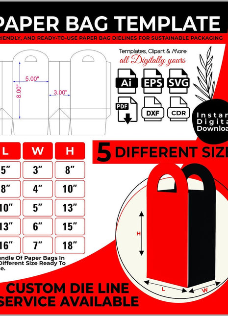 Printable Kraft Paper Bag Dieline Template Pack - 5 Sizes