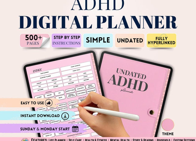 ADHD Digital Planner • Undated GoodNotes Planner • iPad Planner for Adults • Daily & Weekly ADHD Organizer • Neurodivergent-Friendly Layouts