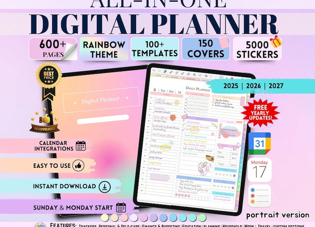 All-in-One Digital Planner Trackers 2025, 2026, 2027 Digital Planner, Digital Journal, Digital Goodnotes Template, Weekly, Daily Planner