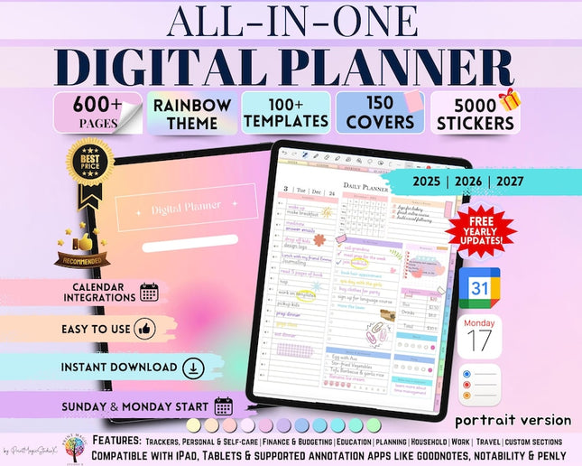 All-in-One Digital Planner Trackers 2025, 2026, 2027 Digital Planner, Digital Journal, Digital Goodnotes Template, Weekly, Daily Planner