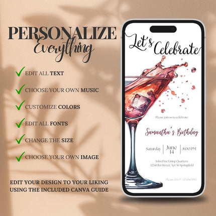 Elegant Cocktail Birthday Invitation – Editable Digital Evite